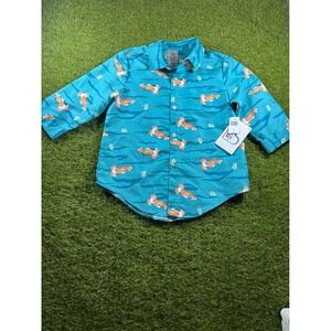 Disney 5 Aladdin Raja Toddler Boy's Teal Button-Down Shirt Tiger Short Sleeve